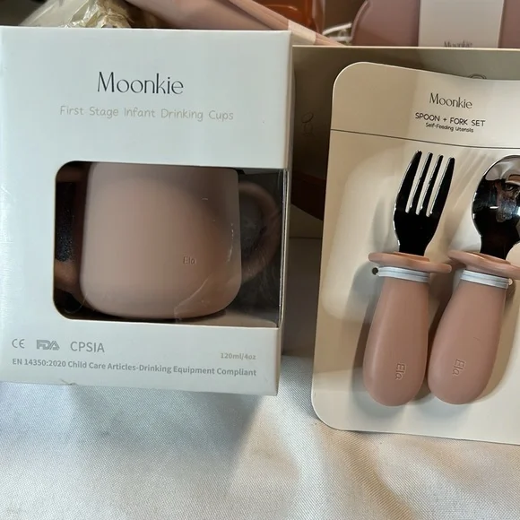 Moonkie First Bites Set.Baby feeding items. Bib/Plate/Utensils/ Cup …. NWT